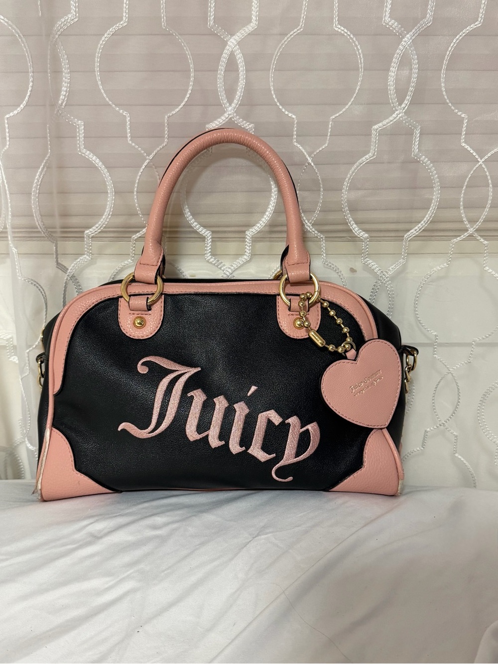 Juicy Couture Black & Pink Script Satchel with Heart Charm
